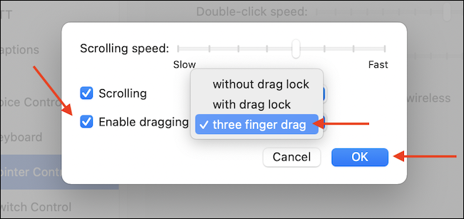 Ativar gesto de arrastar com três dedos no Mac