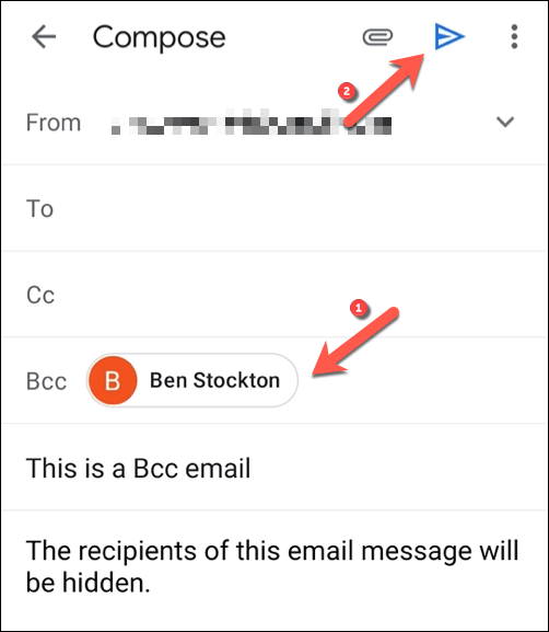Adicione os destinatários de e-mail que deseja ocultar na caixa de campo "Cco" e toque no botão "Enviar" para enviar a mensagem.