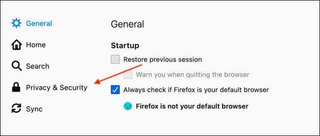 Vá para Privacidade e Segurança nas Preferências do Firefox