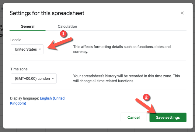 No menu "Configurações para esta planilha", altere o valor "Local" para outro local com um formato de data diferente do seu e pressione "Salvar configurações" para salvar as alterações.