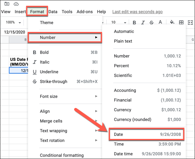 Para definir qualquer valor de data existente para corresponder à nova formatação de data, selecione as células e pressione Formatar> Número> Data para aplicar o novo formato de data.