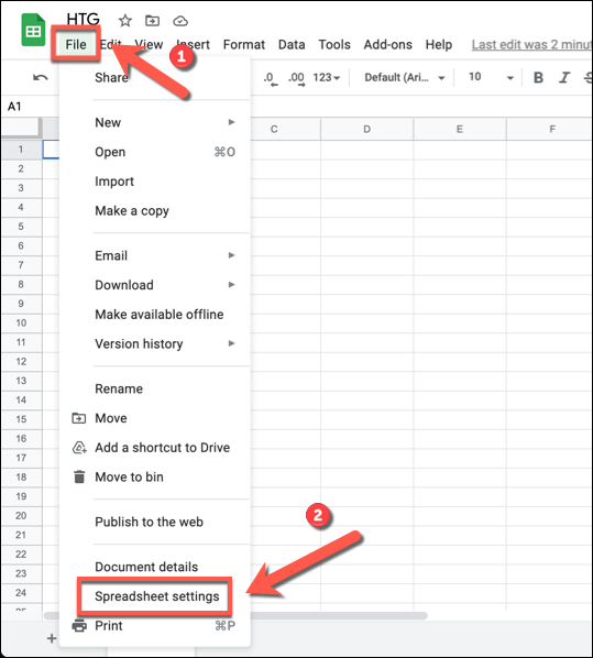 Para alterar as configurações de local no Planilhas Google, pressione Arquivo> Configurações da planilha.
