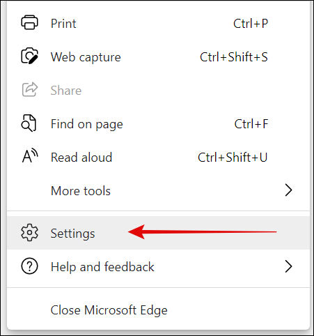Configurações no menu do Microsoft Edge