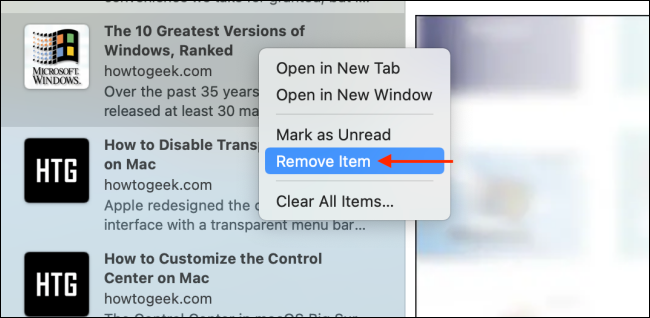 Remover item da lista de leitura do Safari