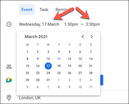 Selecione as caixas de data e hora para definir a hora e a data do evento no Google Agenda.