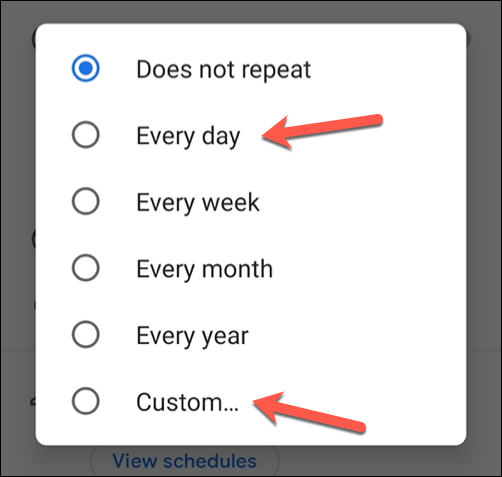 Escolha uma das opções de recorrência predefinidas ou selecione "Personalizar" para definir uma programação predefinida.