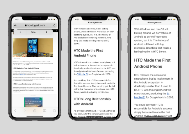 Tamanhos de texto pequeno e grande no Safari no iPhone