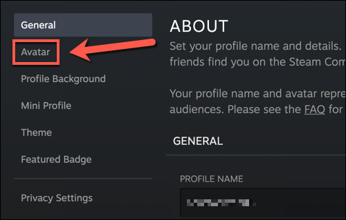 No menu de configurações do seu perfil Steam, pressione a opção "Avatar".