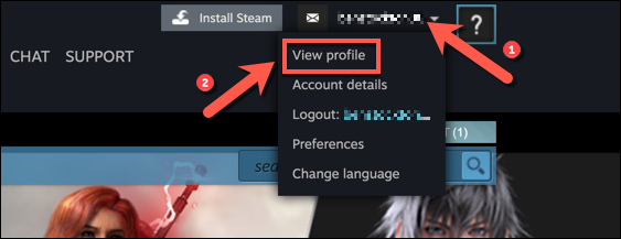 Para abrir o seu perfil Steam, abra o cliente Steam ou site e pressione o nome da sua conta no canto superior direito, depois selecione a opção "Ver Perfil".