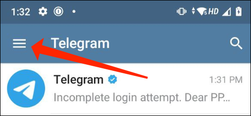 Toque no menu de três linhas no Telegram para Android