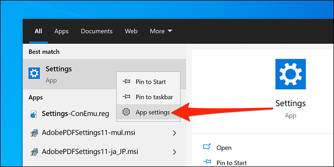 Opção de configurações do aplicativo para o aplicativo Configurações