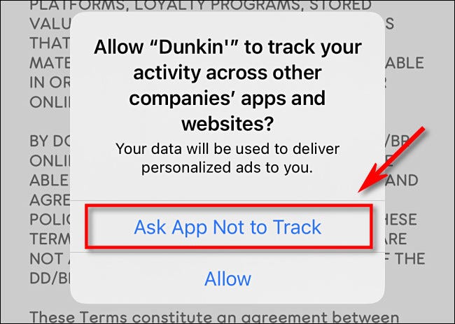 Toque em "Pedir ao aplicativo para não rastrear".