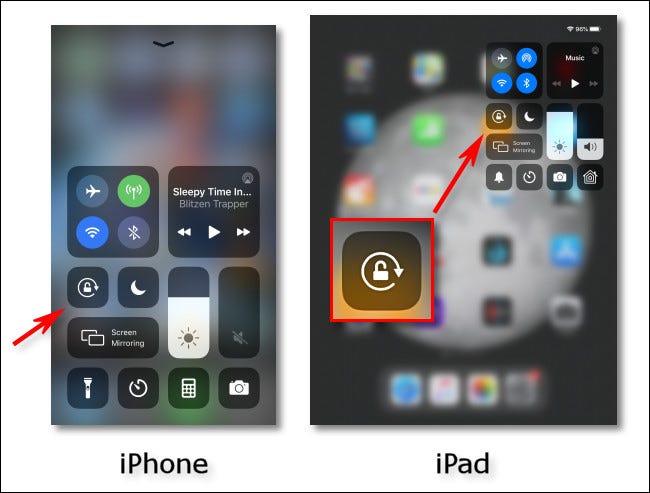 Botões de bloqueio de orientação de tela do iPhone e iPad no Centro de controle