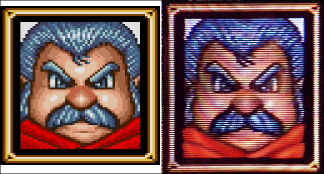 Uma comparação de um retrato de CD Shining Force em um emulador com um aparelho de TV CRT.