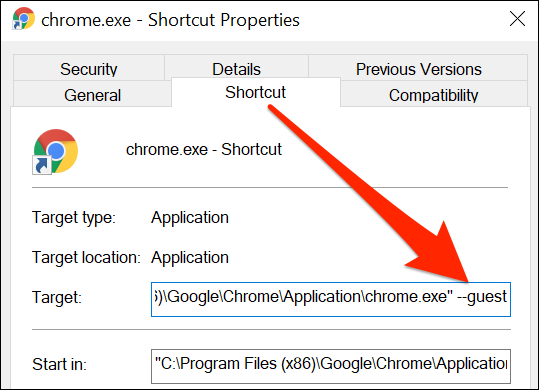 Janela de propriedades para atalho do Chrome