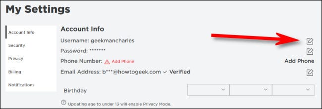 Na página de configurações do Roblox, clique no botão editar ao lado do seu nome de usuário.