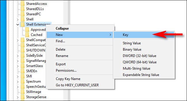 Clique com o botão direito em "Shell Extensions" e crie uma nova chave.