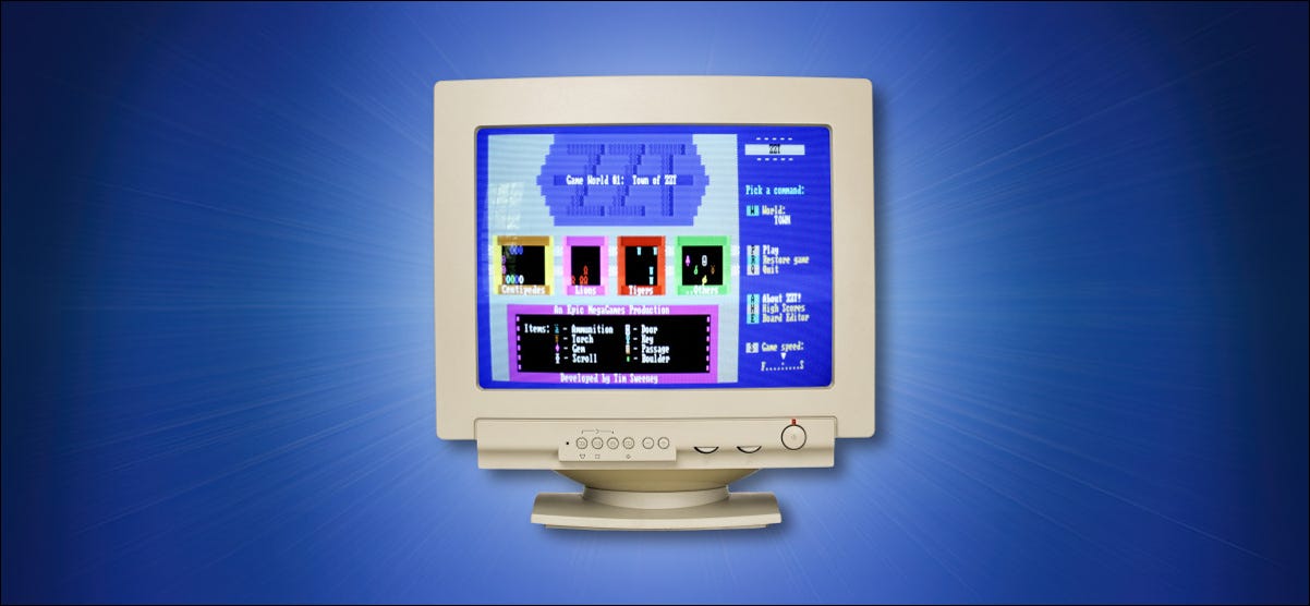 Um monitor de computador CRT em um fundo azul.