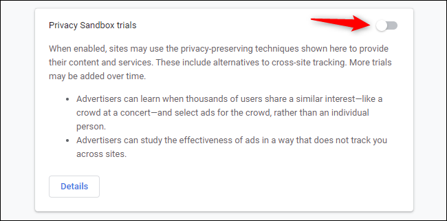 Desative a opção "Testes de sandbox de privacidade".