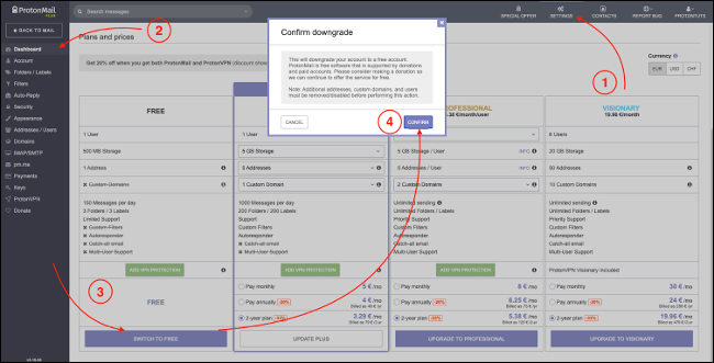 Faça downgrade de sua conta ProtonMail