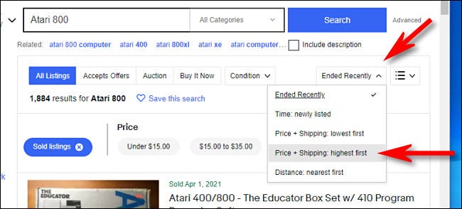No site do eBay para desktop, classifique pelo preço mais alto.
