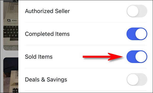 No aplicativo móvel do eBay, mude o botão ao lado de "Itens vendidos".