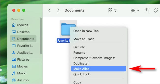 Clique com o botão direito em um ícone de pasta e selecione “Make Alias”.