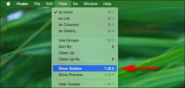 No menu do Finder, selecione "Exibir" e, em seguida, "Mostrar barra lateral".