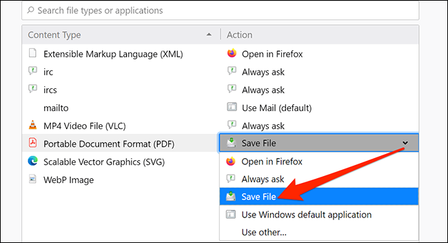 Opção Salvar arquivo para PDFs no Firefox