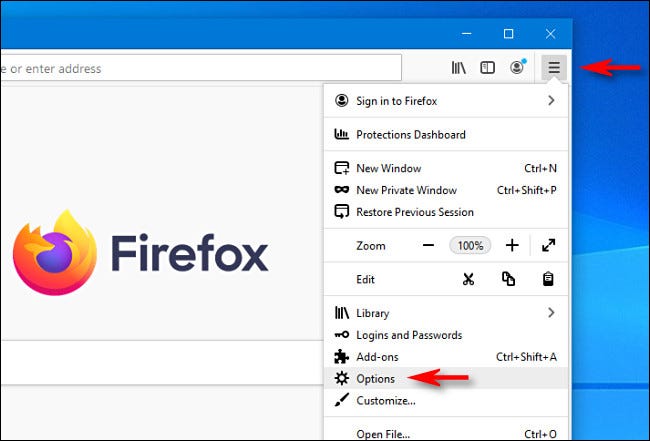 No Firefox, clique no menu de hambúrguer e selecione "Opções".