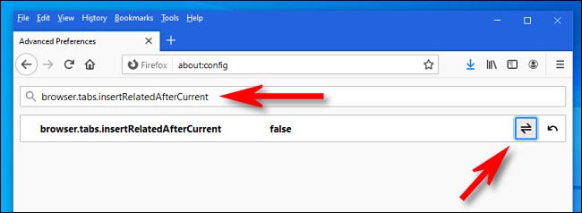 Pesquise por "browser.tabs.insertRelatedAfterCurrent" e clique no botão de alternância para definir a opção como "false".