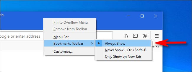 Clique com o botão direito na barra de guias do Firefox e selecione "Barra de ferramentas de favoritos" no menu e escolha "Sempre mostrar".