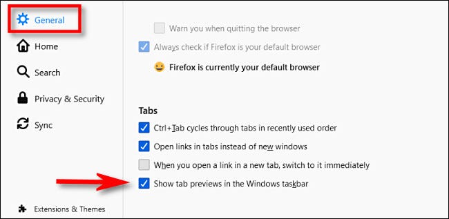 Nas opções do Firefox, marque "Mostrar visualizações da guia na barra de tarefas do Windows".