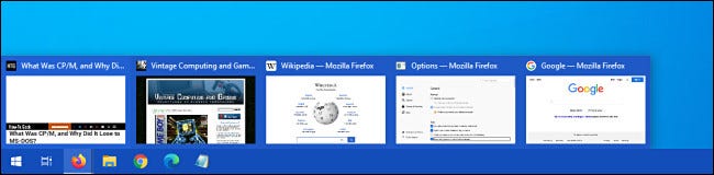 Um exemplo de miniaturas de visualização da guia da barra de tarefas do Firefox no Windows 10.