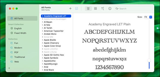 A janela do Mac Font Book em Big Sur.