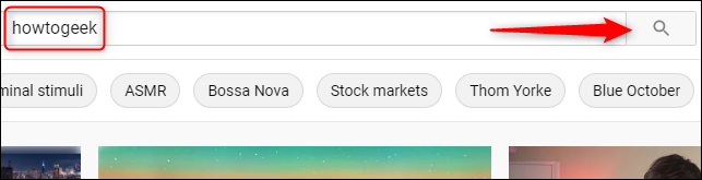 howtogeek digitado na barra de pesquisa do YouTube