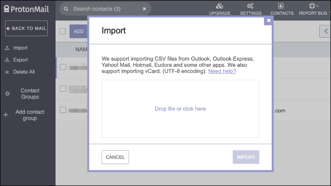 Importar contatos via CSV para ProtonMail