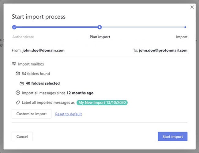 Iniciar processo de importação no ProtonMail