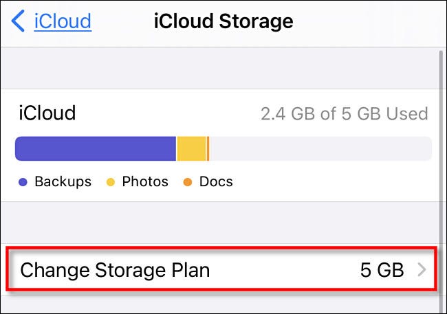 No iCloud Storage, toque em "Change Storage Plan."