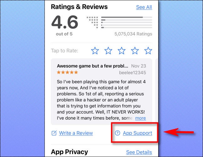 Na página de um aplicativo na App Store, toque em "Suporte de aplicativo".