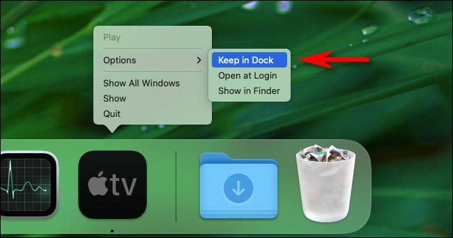 Botão direito do mouse no ícone do aplicativo no dock e selecione “Opções” e “Manter no dock”.