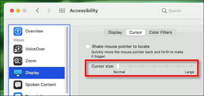 Para aumentar o ponteiro do mouse do Mac, use o controle deslizante "Tamanho do cursor".