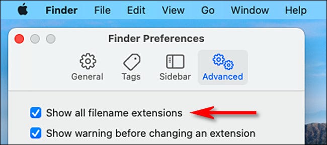 Em Preferências de localização avançada, coloque uma marca de seleção ao lado de "Mostrar todas as extensões de nome de arquivo".