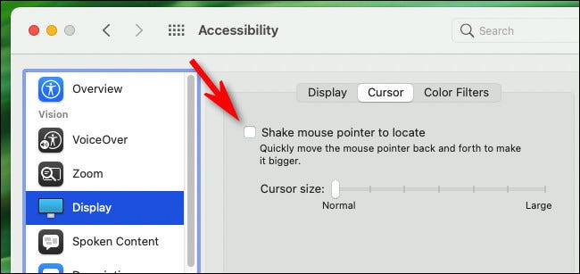 Para desativar o recurso de agitar para localizar o ponteiro do mouse no macOS, desmarque a opção "Agitar o ponteiro do mouse para localizar".