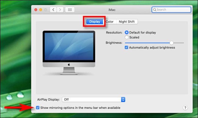 Em Preferências do sistema, clique em Exibir e marque "Mostrar opções de espelhamento na barra de menu quando disponível".