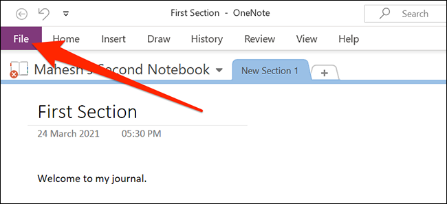 O menu Arquivo no OneNote