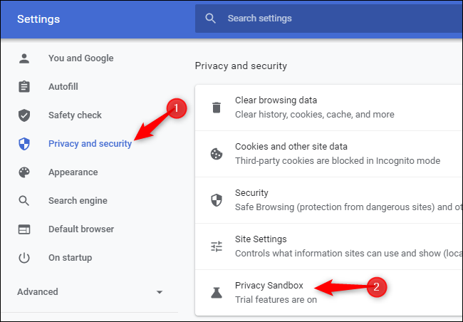 Clique em "Privacidade e segurança" e clique em "Sandbox de privacidade".