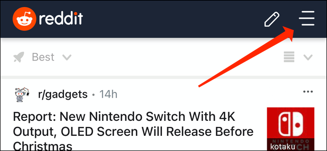 Toque no menu de três linhas do Reddit no canto superior direito
