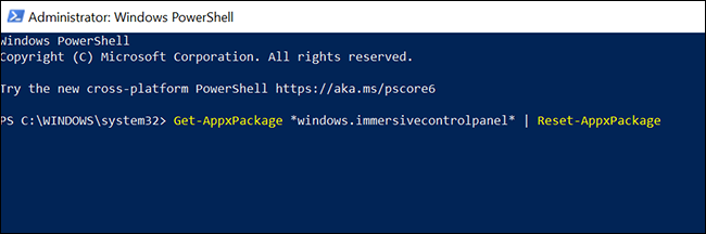 Janela do PowerShell com o comando para redefinir o aplicativo Configurações