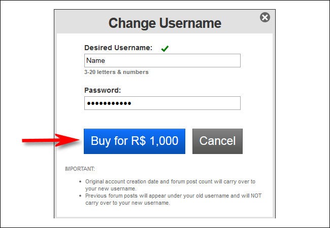 Clique em "Comprar" para adquirir a alteração do seu nome de usuário no Roblox.